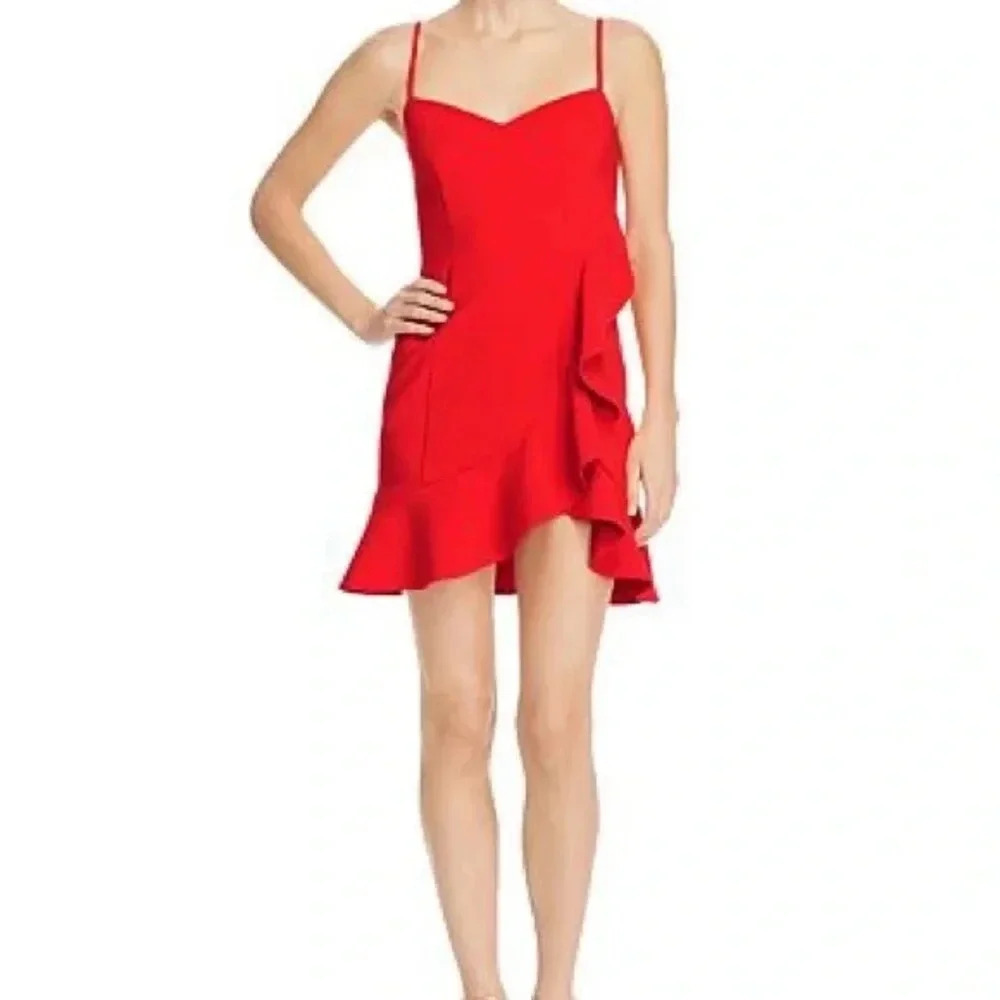 LIKELY Mini Dress Laverna Ruffles Trim Cocktail holidays formal semi scuba red